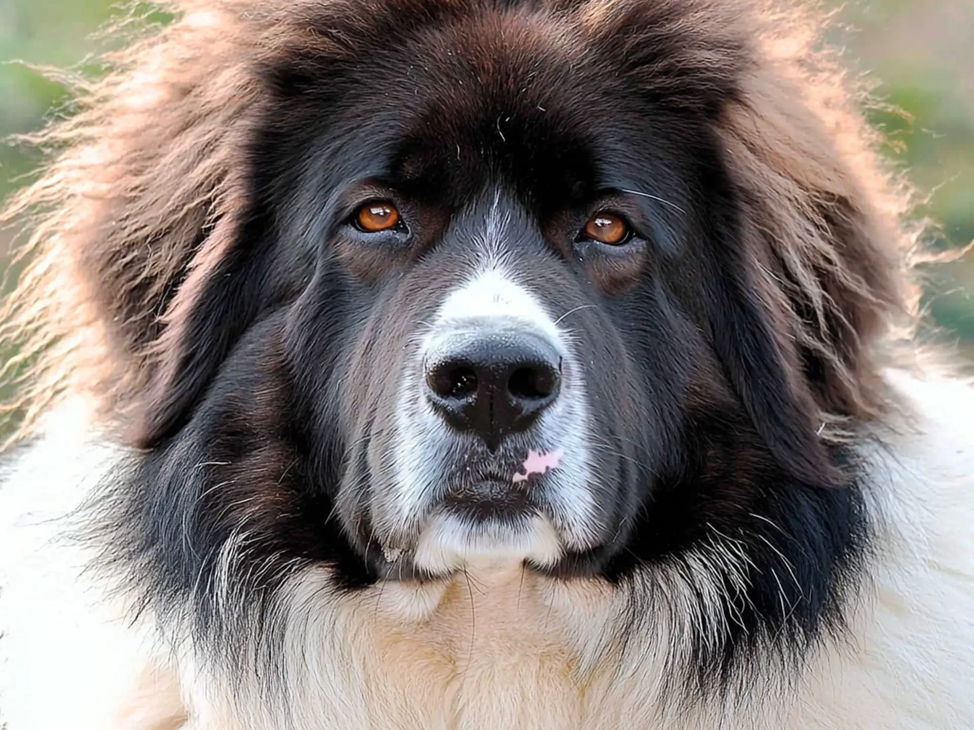 Close-up of a Karakachan dog with a thick black-and-white coat and deep brown eyes. This livestock guardian breed has a powerful, protective expression.