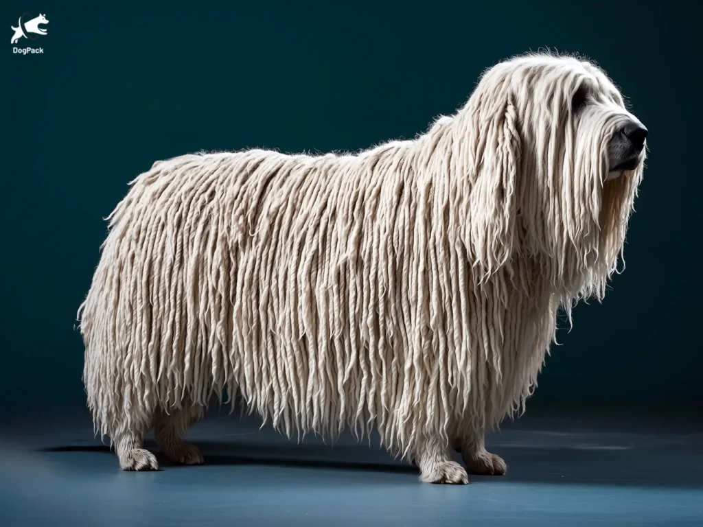 Komondor Dog breed full body view standing against green background