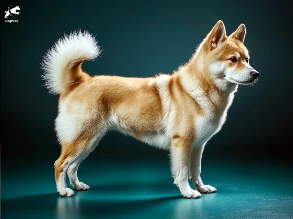 Korean Jindo Dog breed full body view standing against green background