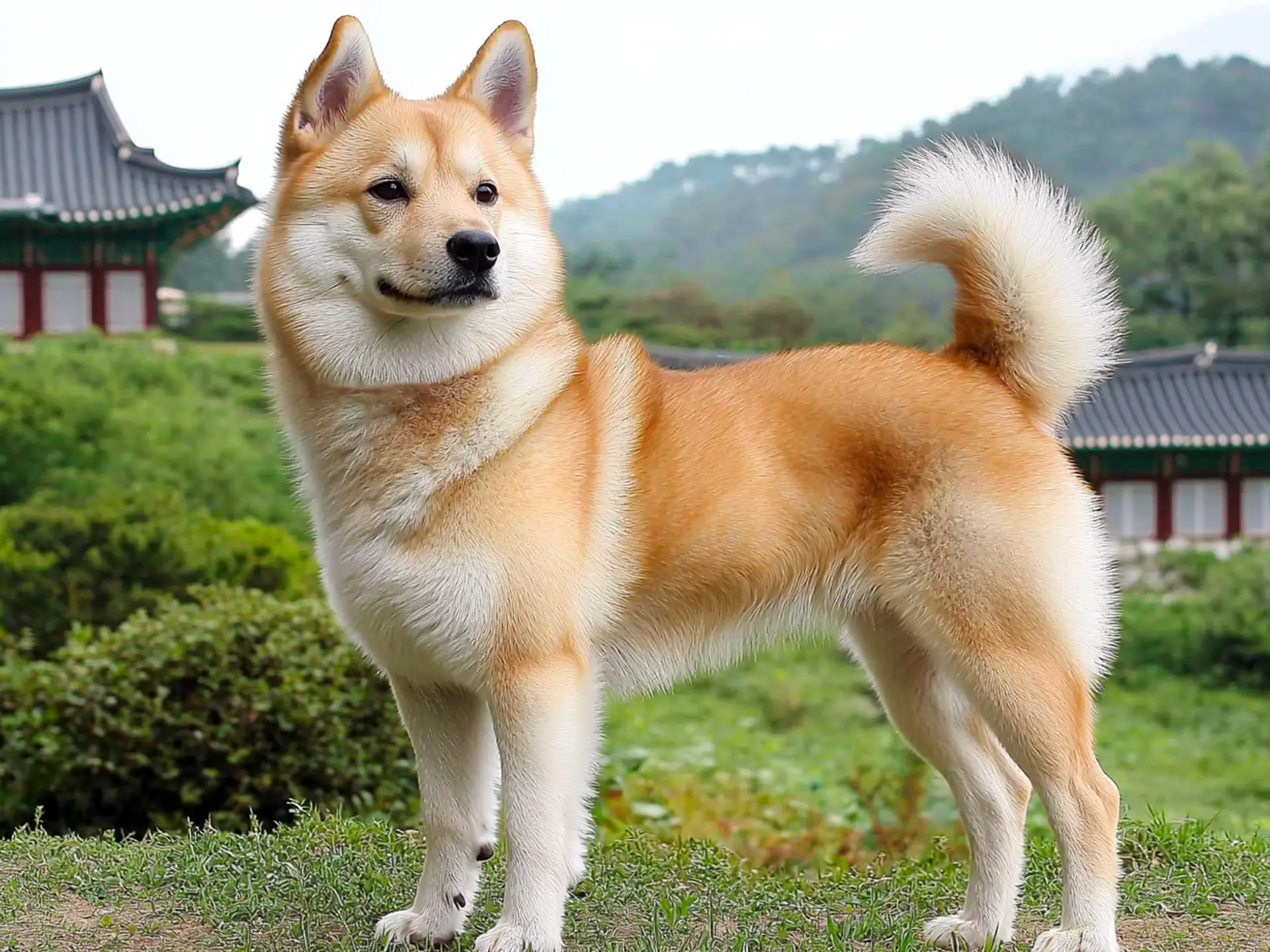 Korean Jindo Dog standing outdoors with a traditional Korean building in the background. 