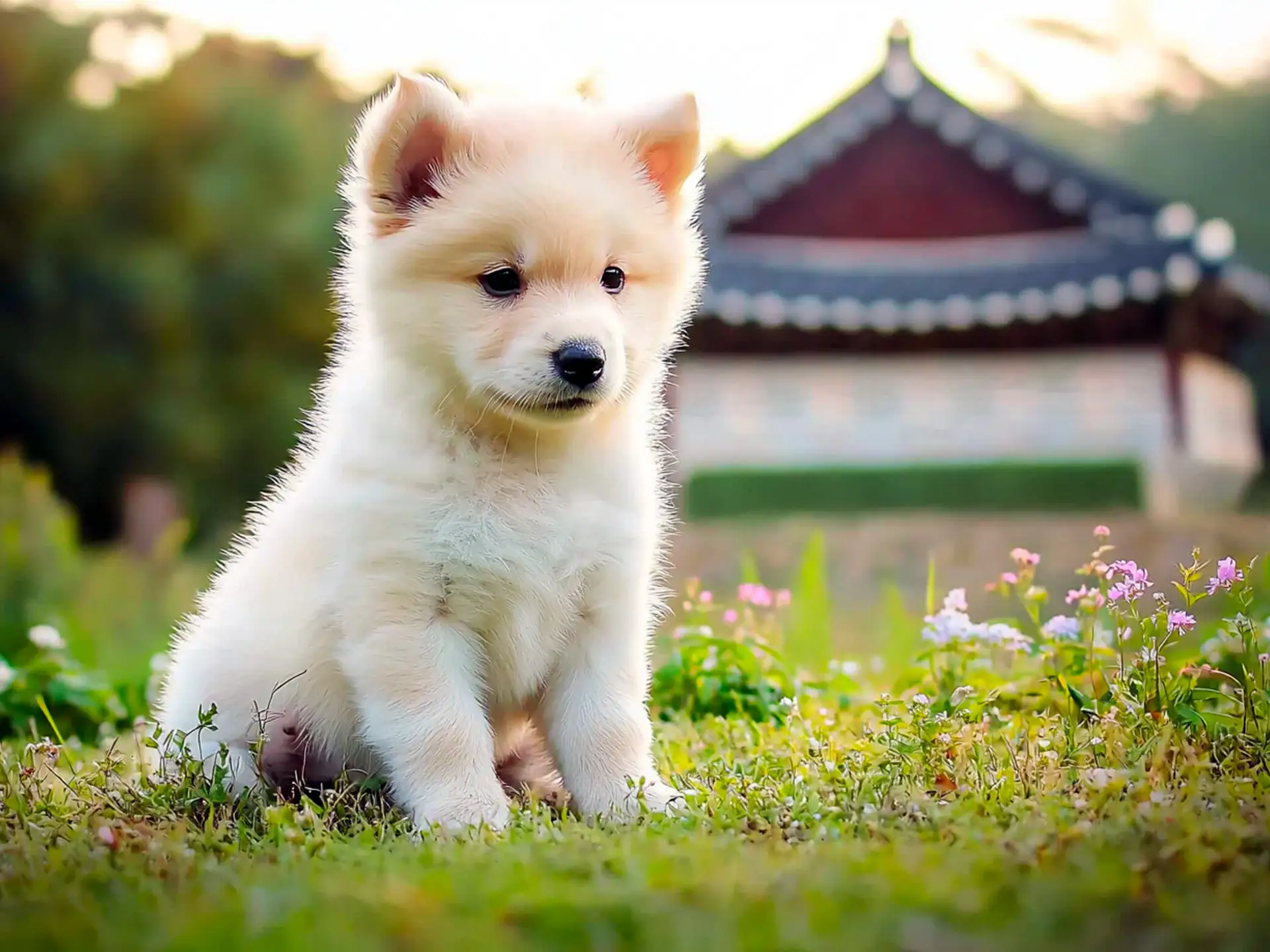 Fluffy Korean Jindo puppy sitting on a grassy field with a traditional Korean temple behind it.