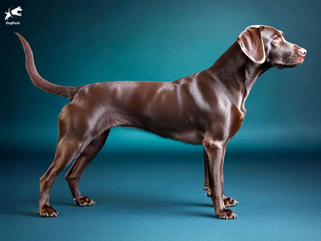 Lab Pointer Dog breed full body view standing against green background