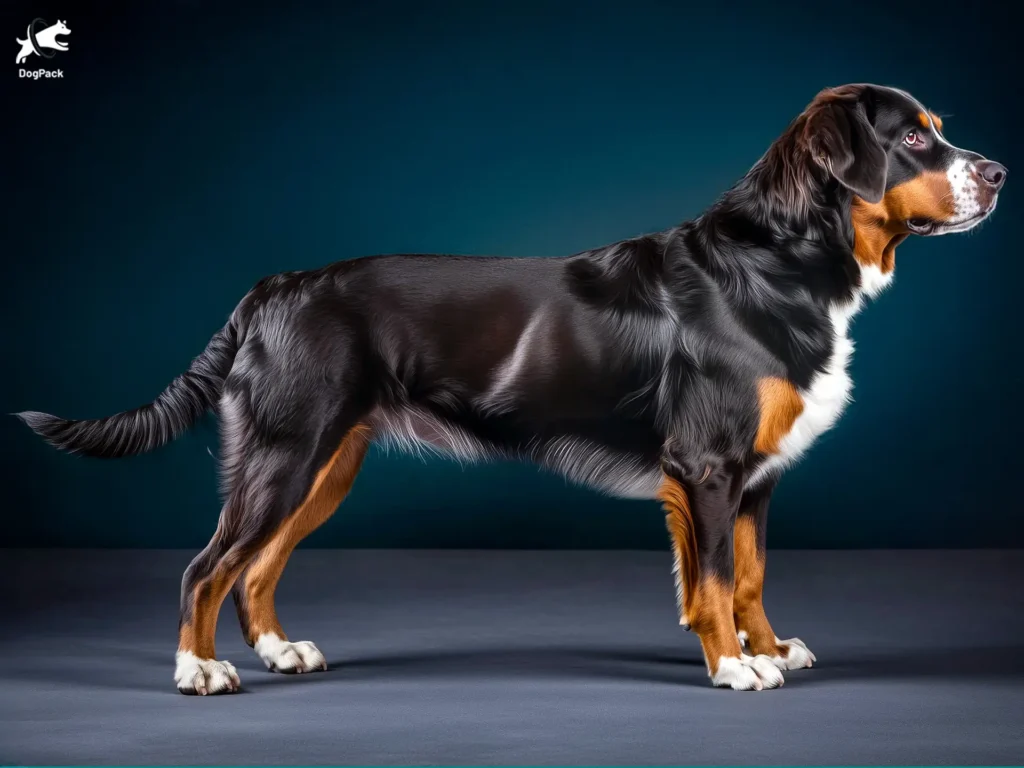 Labernese Dog breed full body view standing against green background