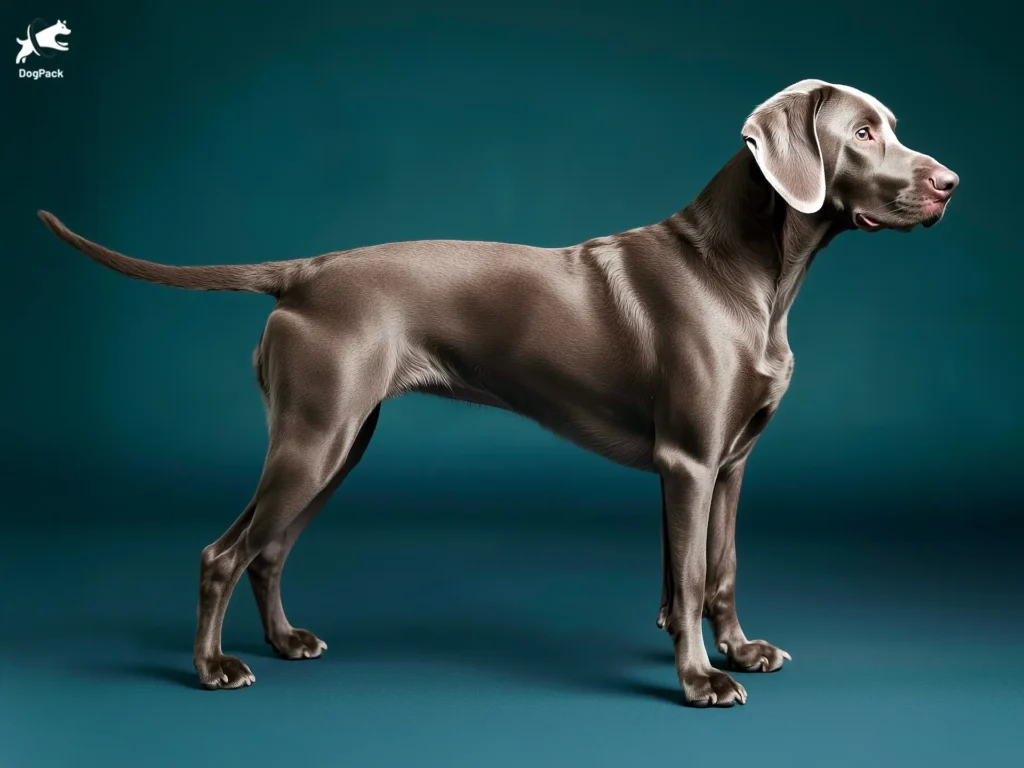 Labmaraner Dog breed full body view standing against green background