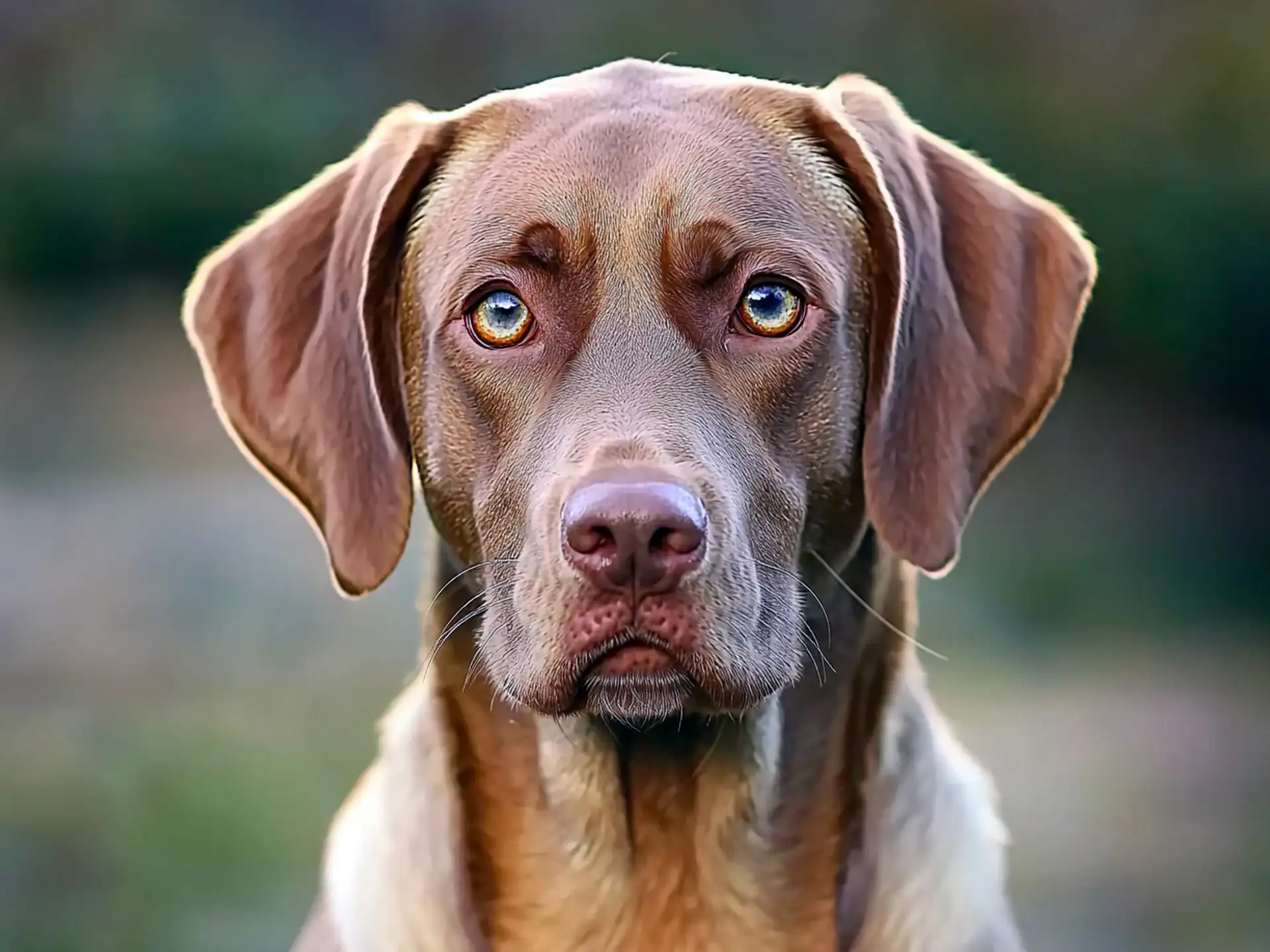 Close-up of a Labmaraner dog with golden-brown eyes, highlighting its expressive face and short coat.