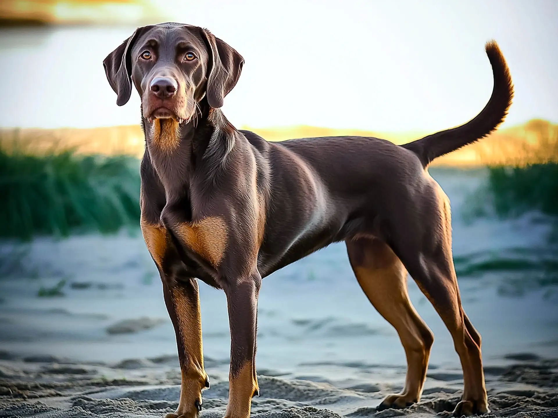 Labmaraner dog standing on a sandy beach, showcasing its sleek brown coat and athletic build.