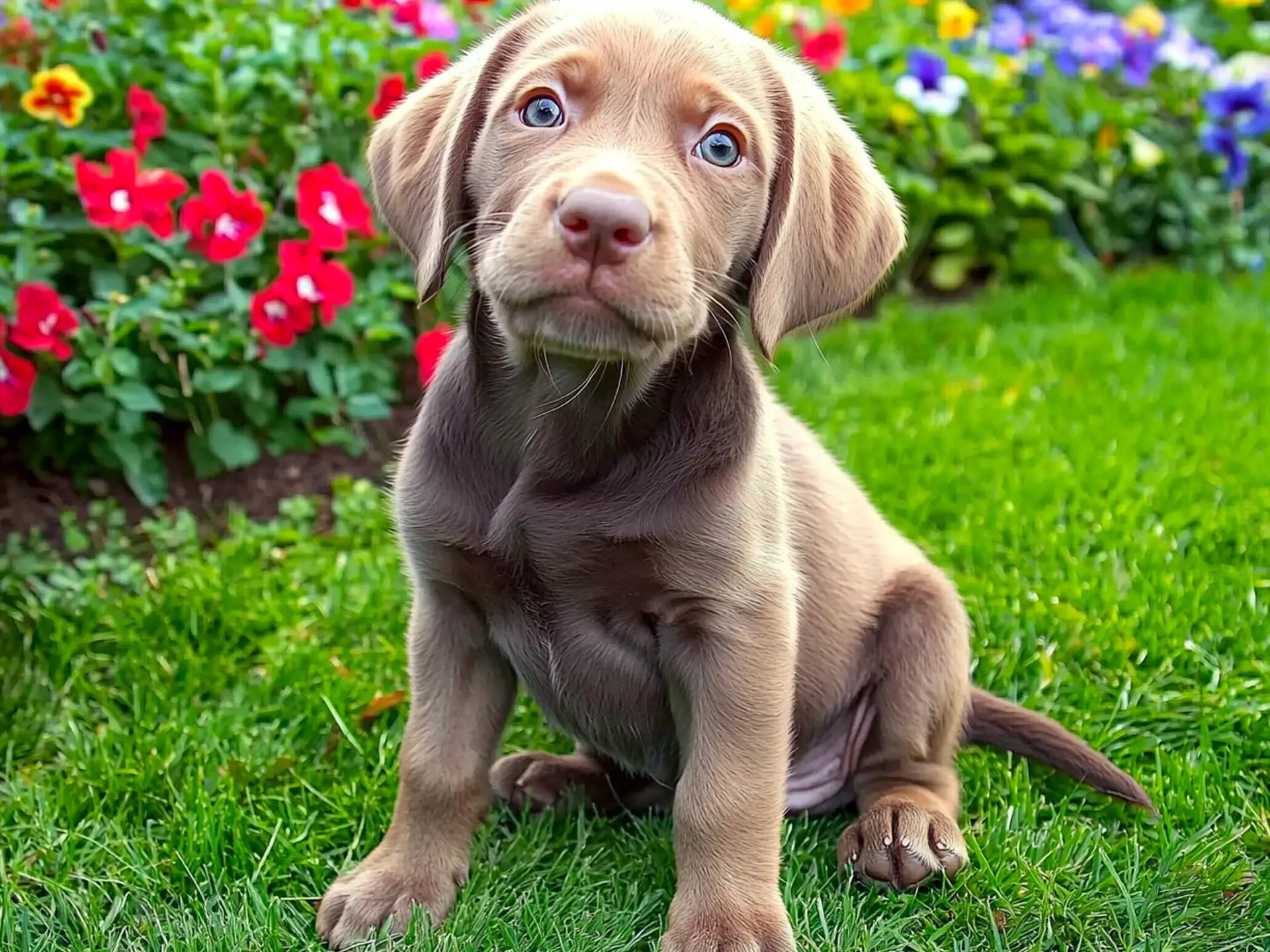 Adorable Labmaraner puppy with striking blue eyes sitting on green grass near colorful flowers.