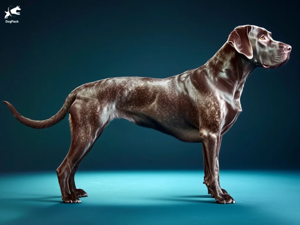 Labradane Dog breed full body view standing against green background