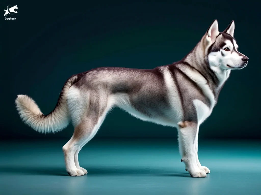 Labrador Husky Dog breed full body view standing against green background