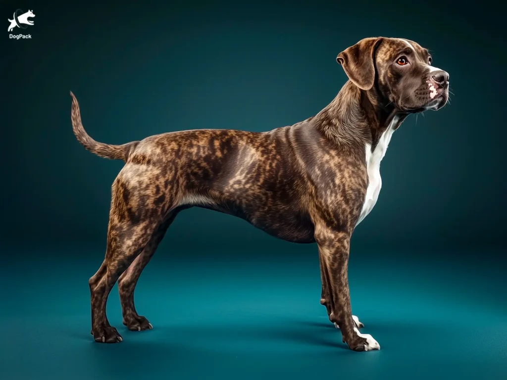 Labrastaff Dog breed full body view standing against green background