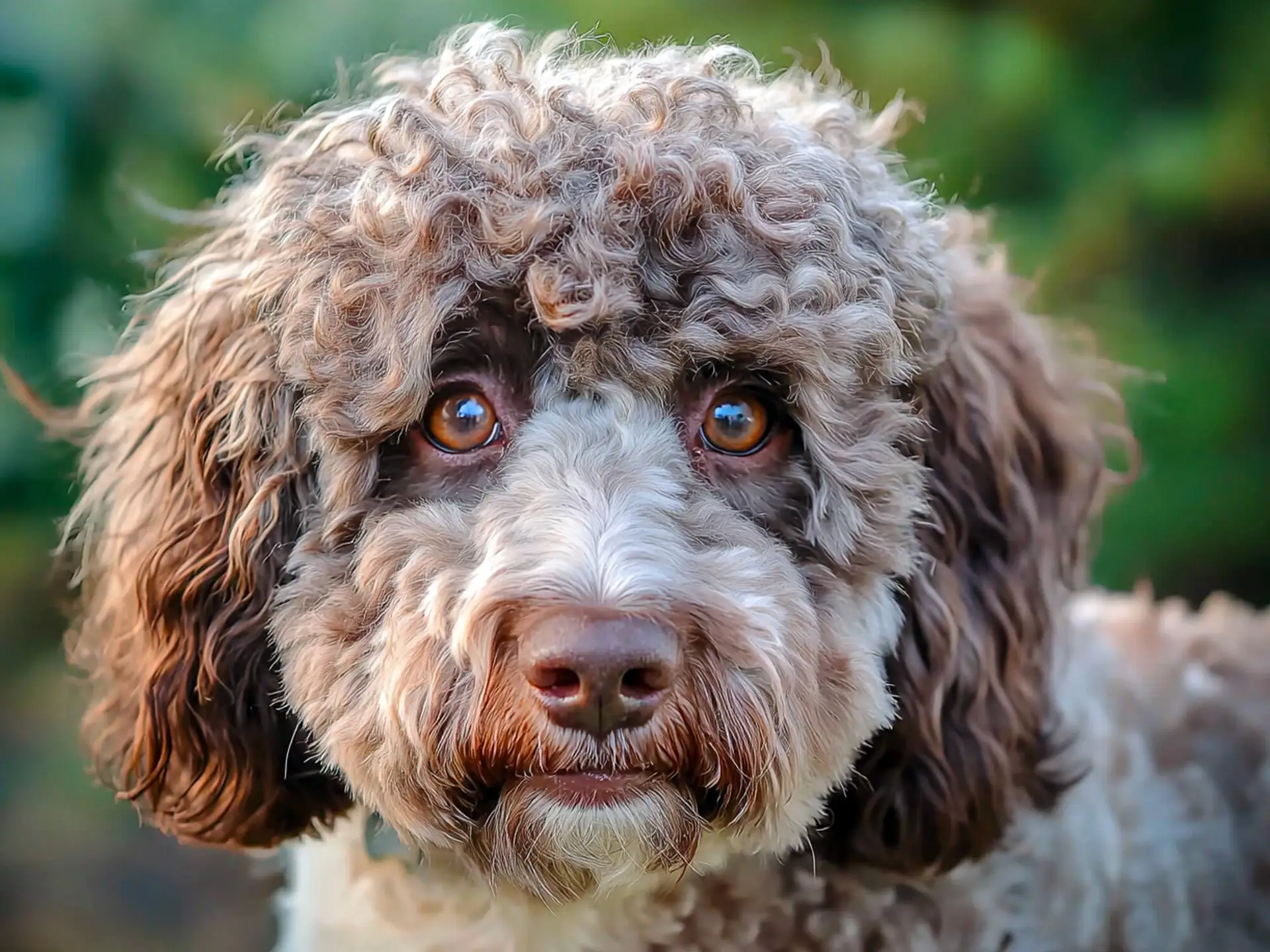 Close-up of a Lagotto Romagnolo’s curly coat and expressive eyes.