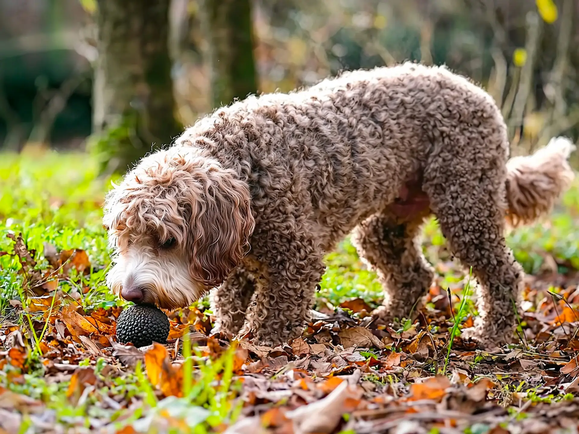 Lagotto Romagnolo hunting for truffles in the forest.