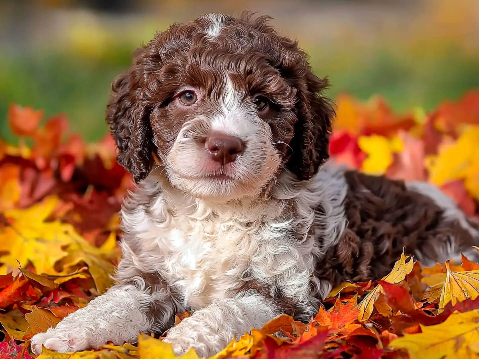 Lagotto Romagnolo puppy resting on autumn leaves.