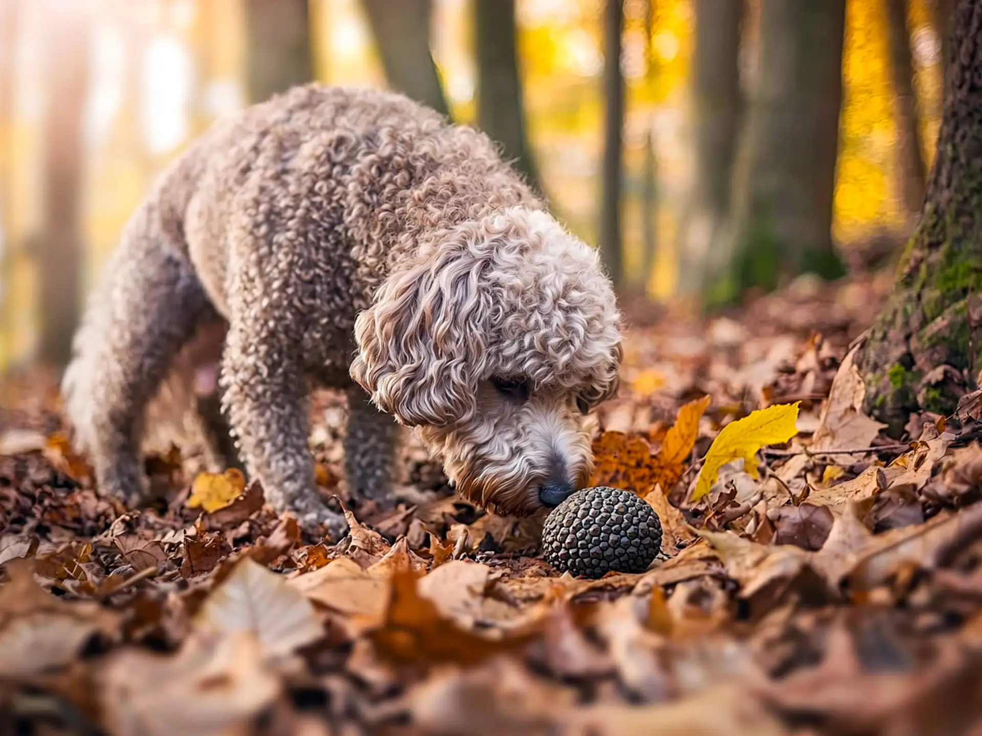 Lagotto Romagnolo sniffing a truffle in a wooded area.