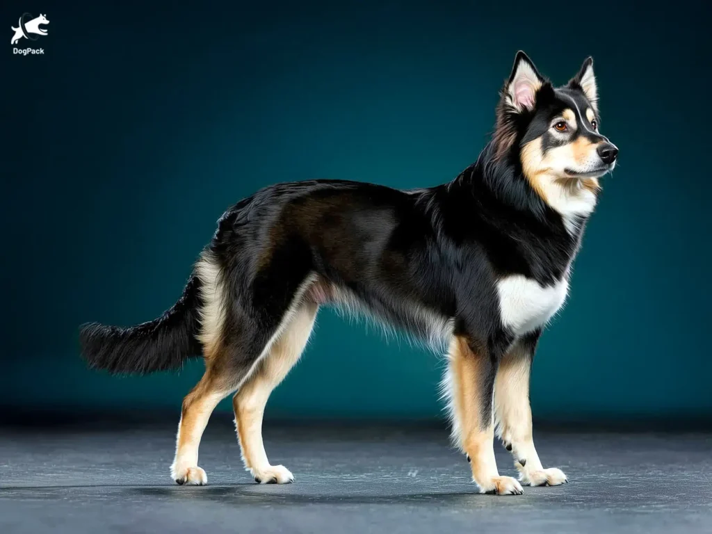 Lapponian Herder (Lapinporokoira) Dog breed full body view standing against green background