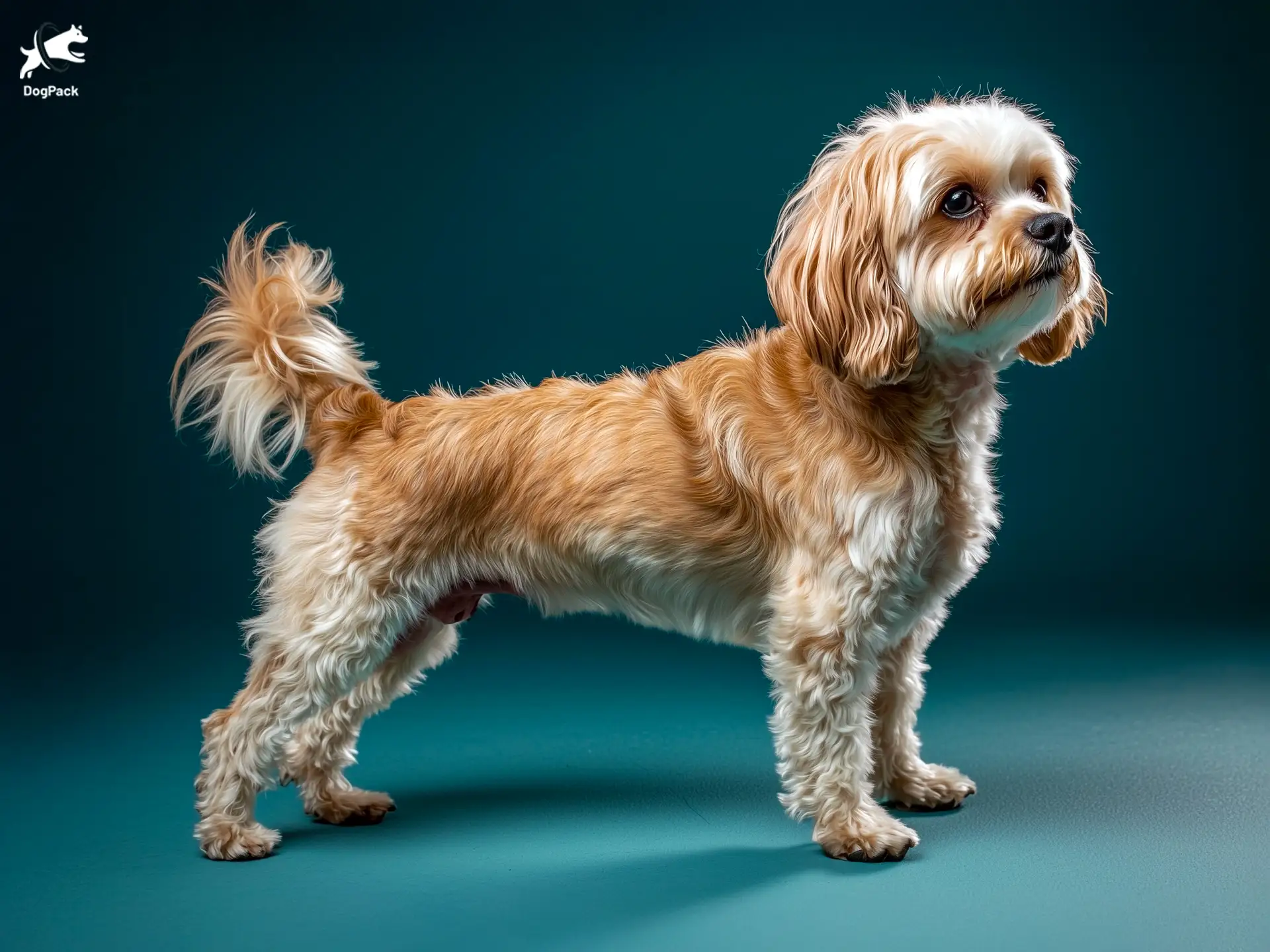 Lhasapoo Dog breed full body view standing against green background