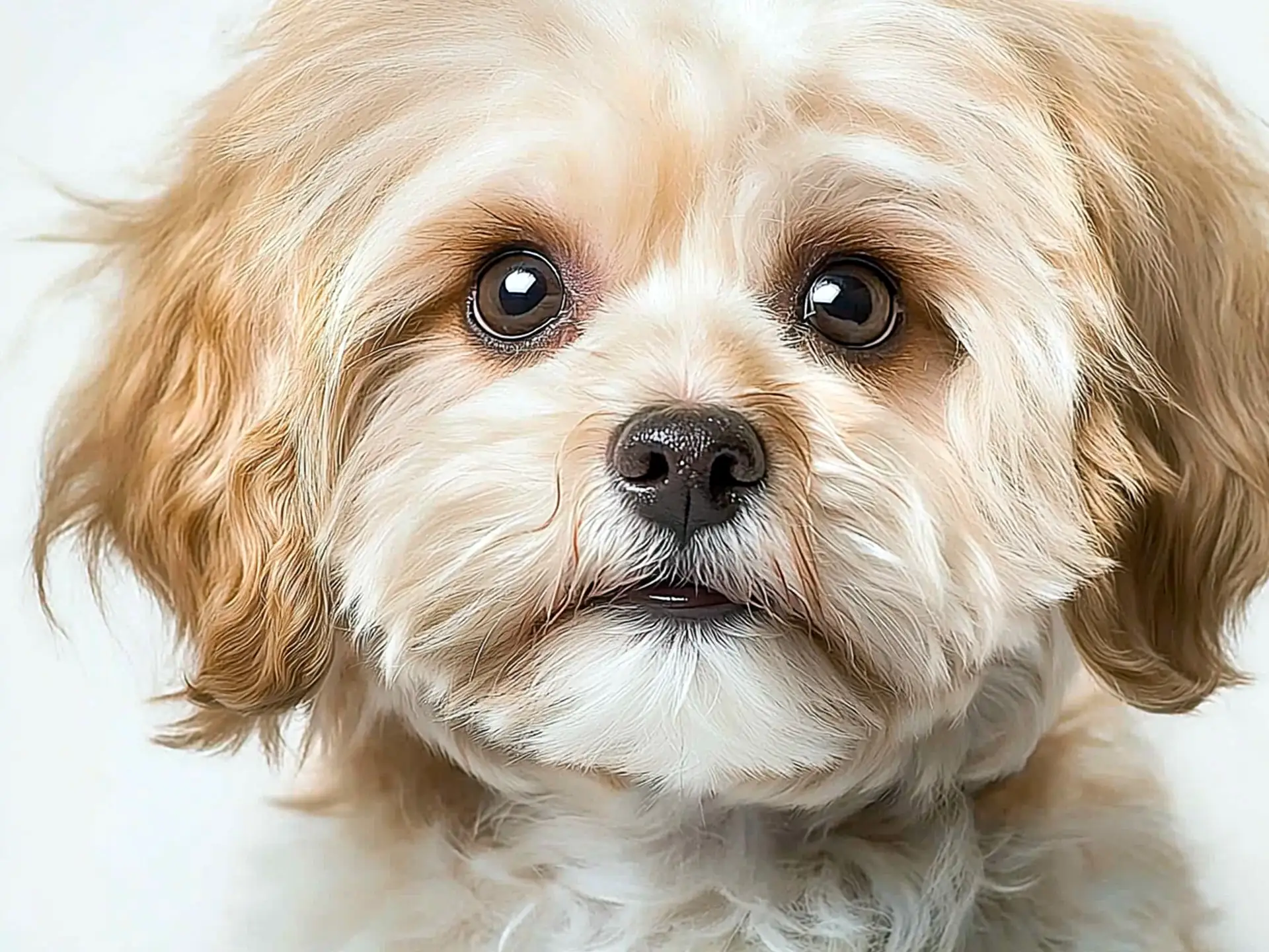 Close-up of a Lhasapoo dog with wavy cream and tan fur, dark expressive eyes, and a fluffy coat.