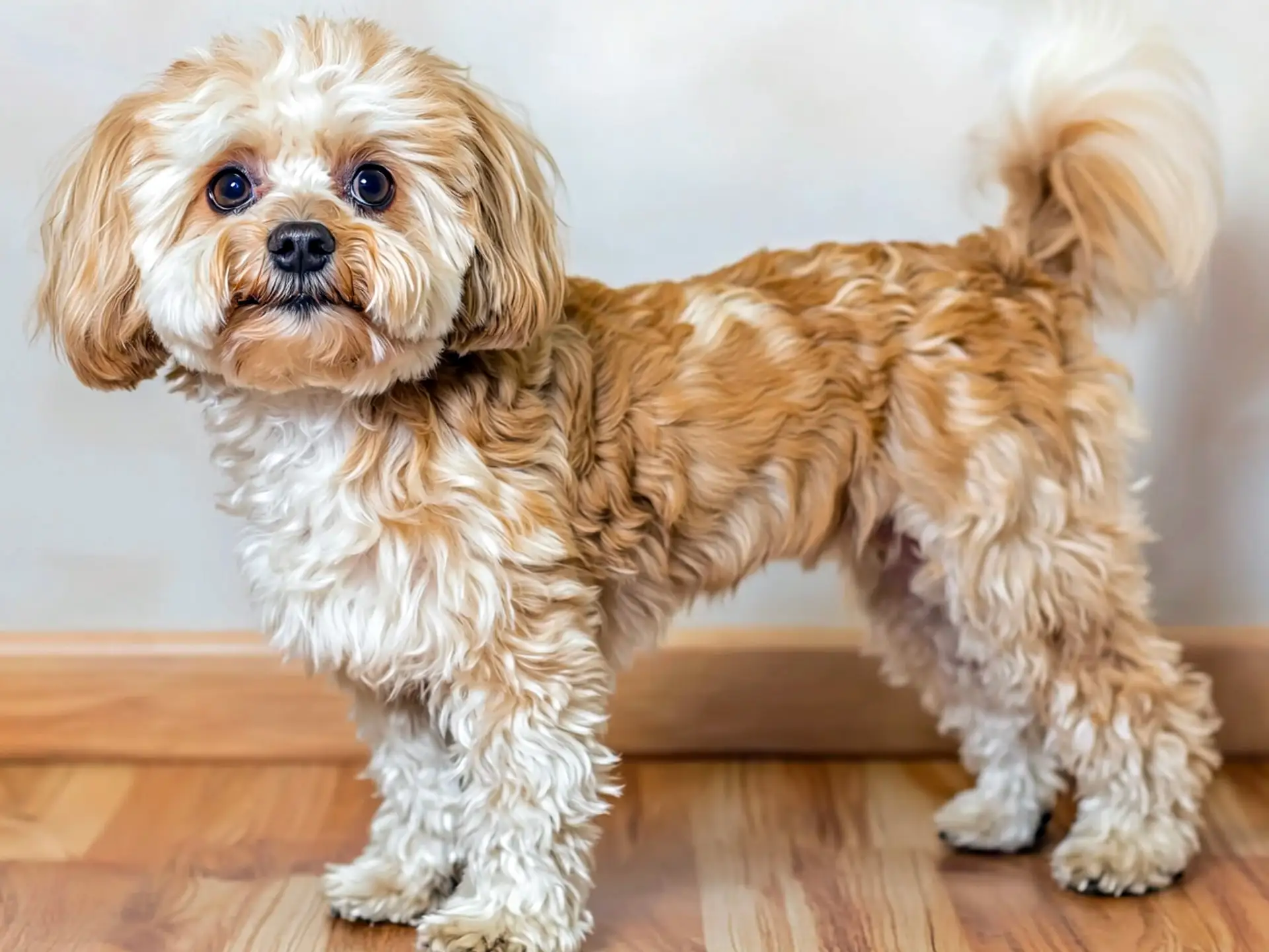 Full-body Lhasapoo dog with curly light brown and white fur standing on a wooden floor indoors.