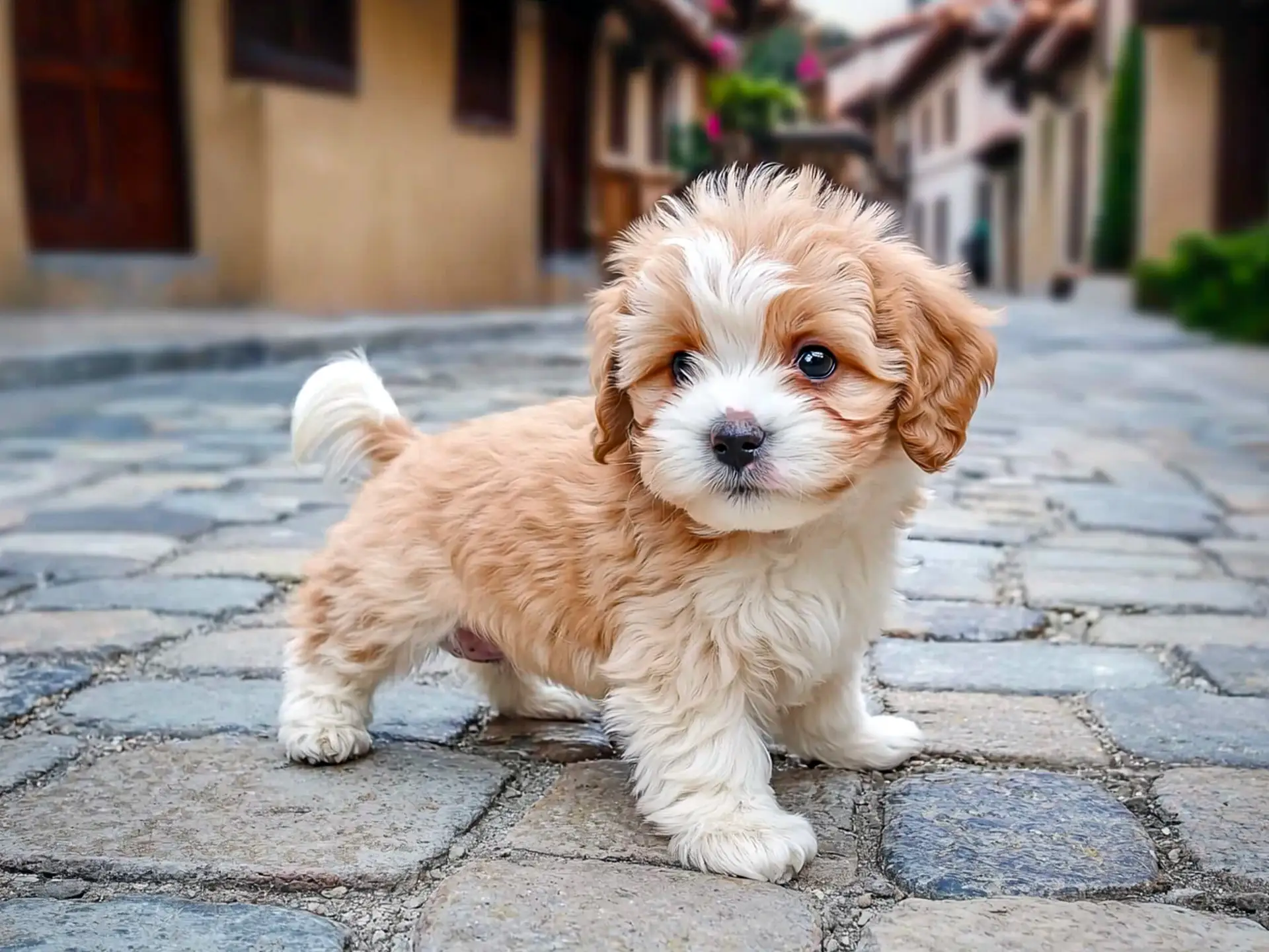 Lhasapoo puppy with curly tan and white fur standing on a cobblestone street, looking curious