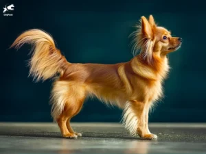 Long-Haired Russkiy Toy Dog Breed full body view standing against green background