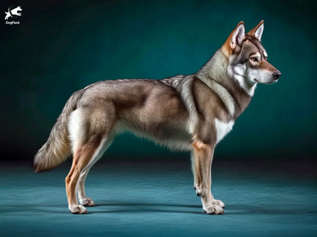 Lykos Wolfalike Dog breed full body view standing against green background