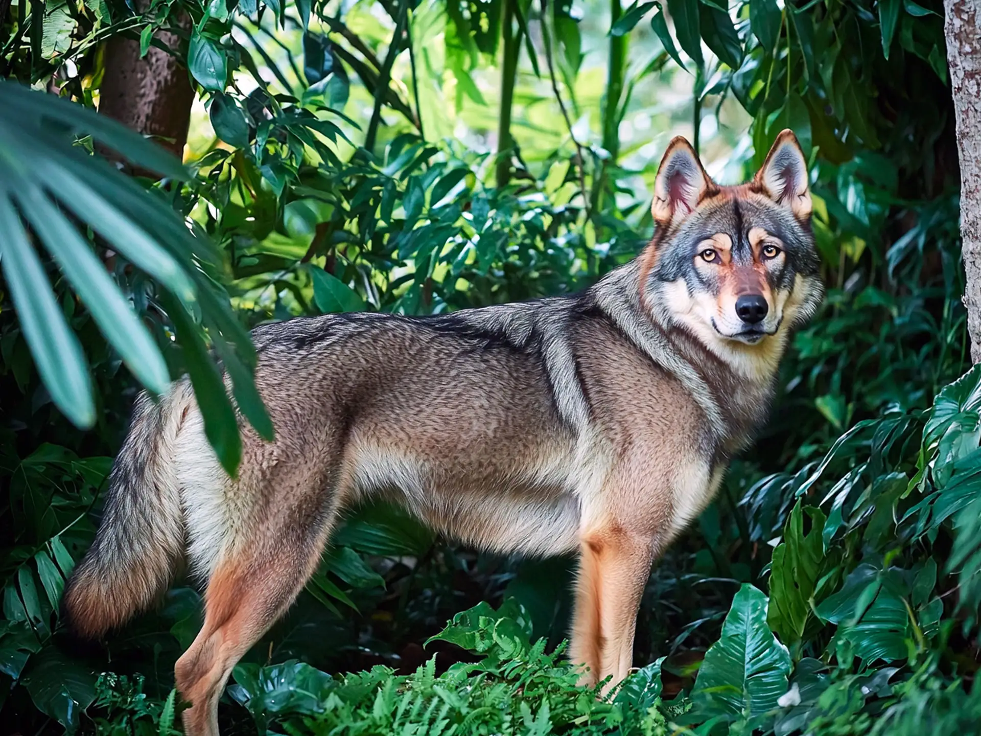 Lykos Wolfalike standing in a dense green forest, showcasing its wolf-like appearance and thick fur coat.