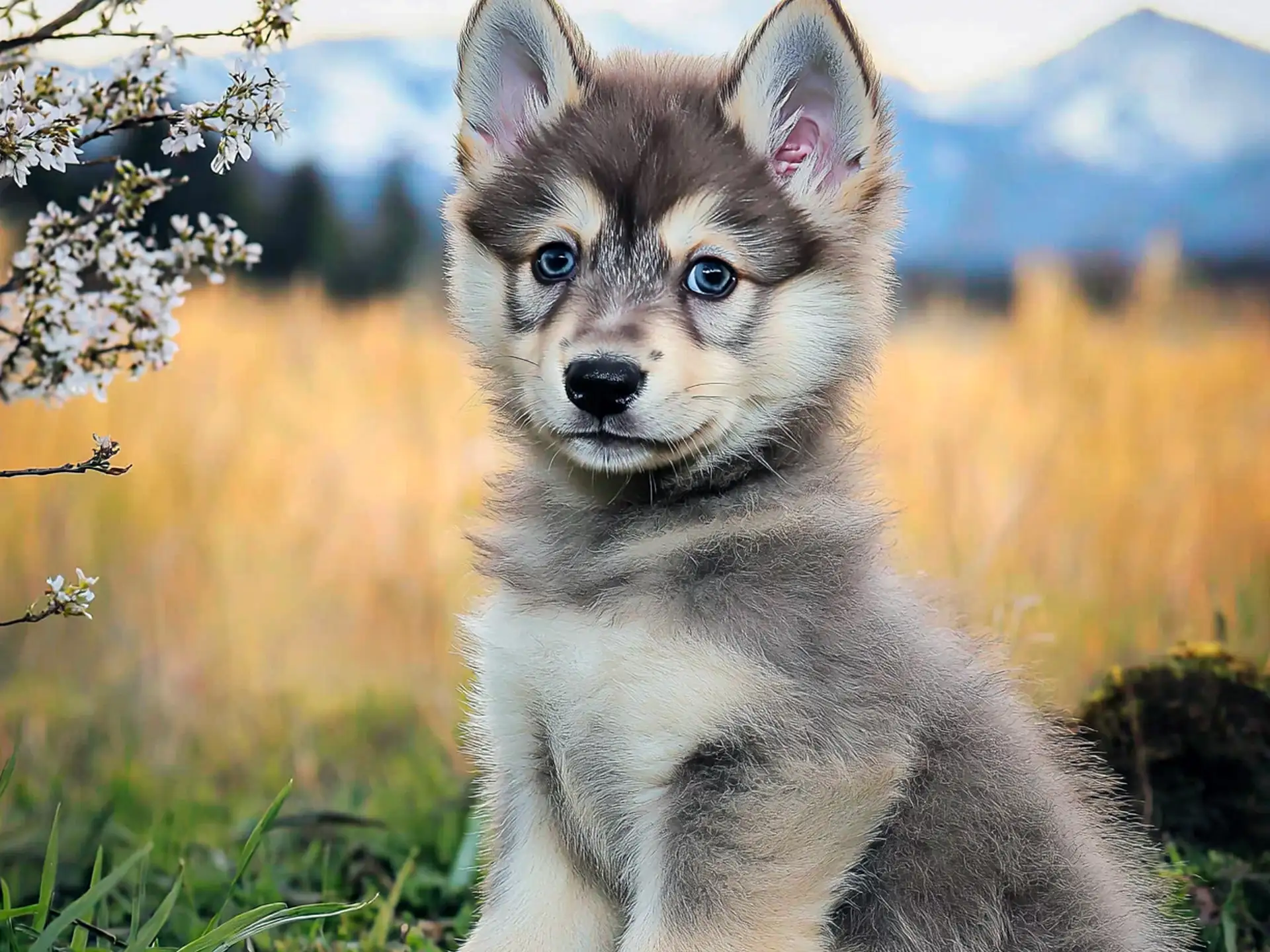 Lykos Wolfalike puppy with blue eyes sitting in a grassy meadow with mountains in the background.