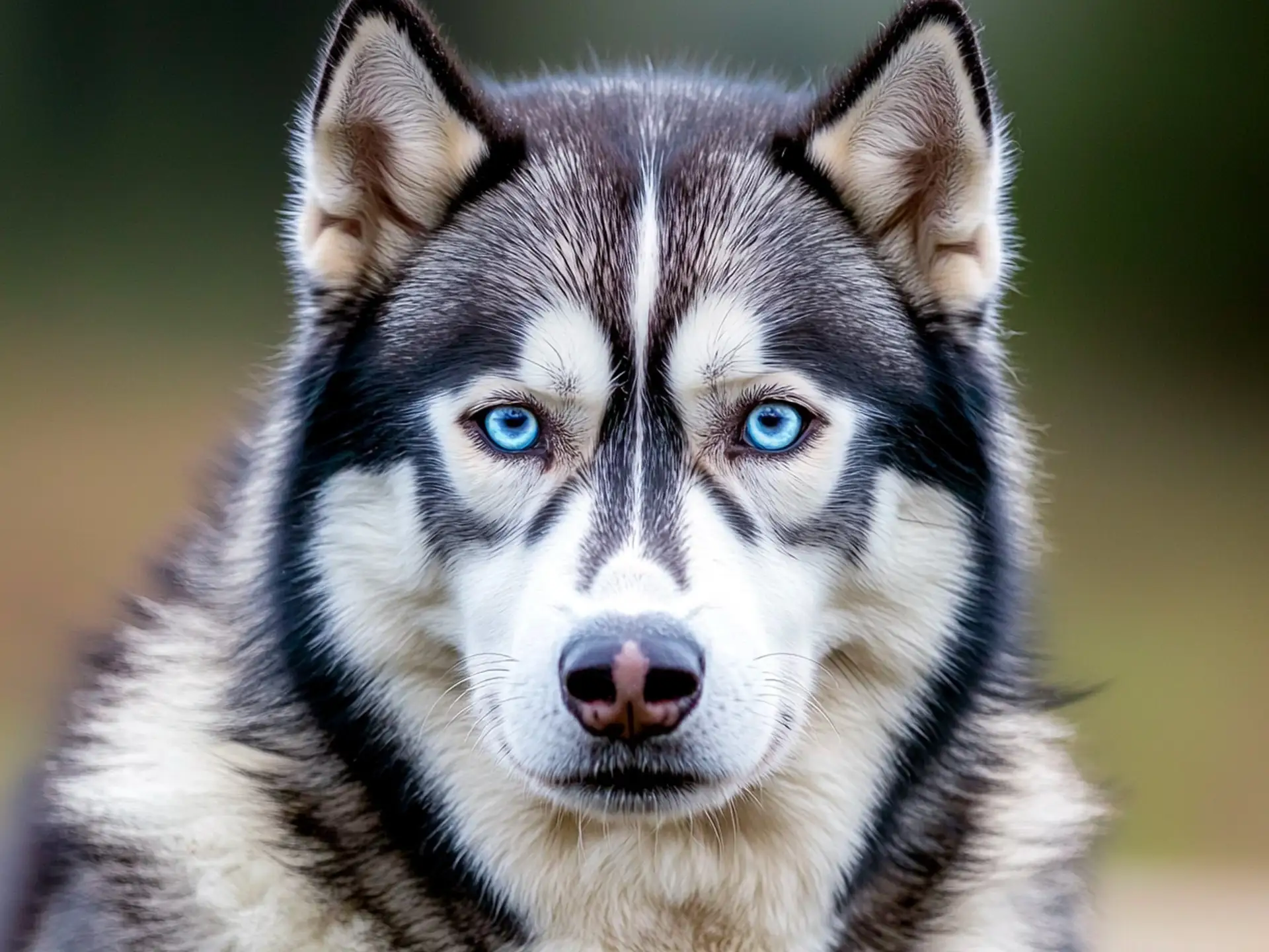 Close-up of a Mackenzie River Husky with striking blue eyes and thick fur.