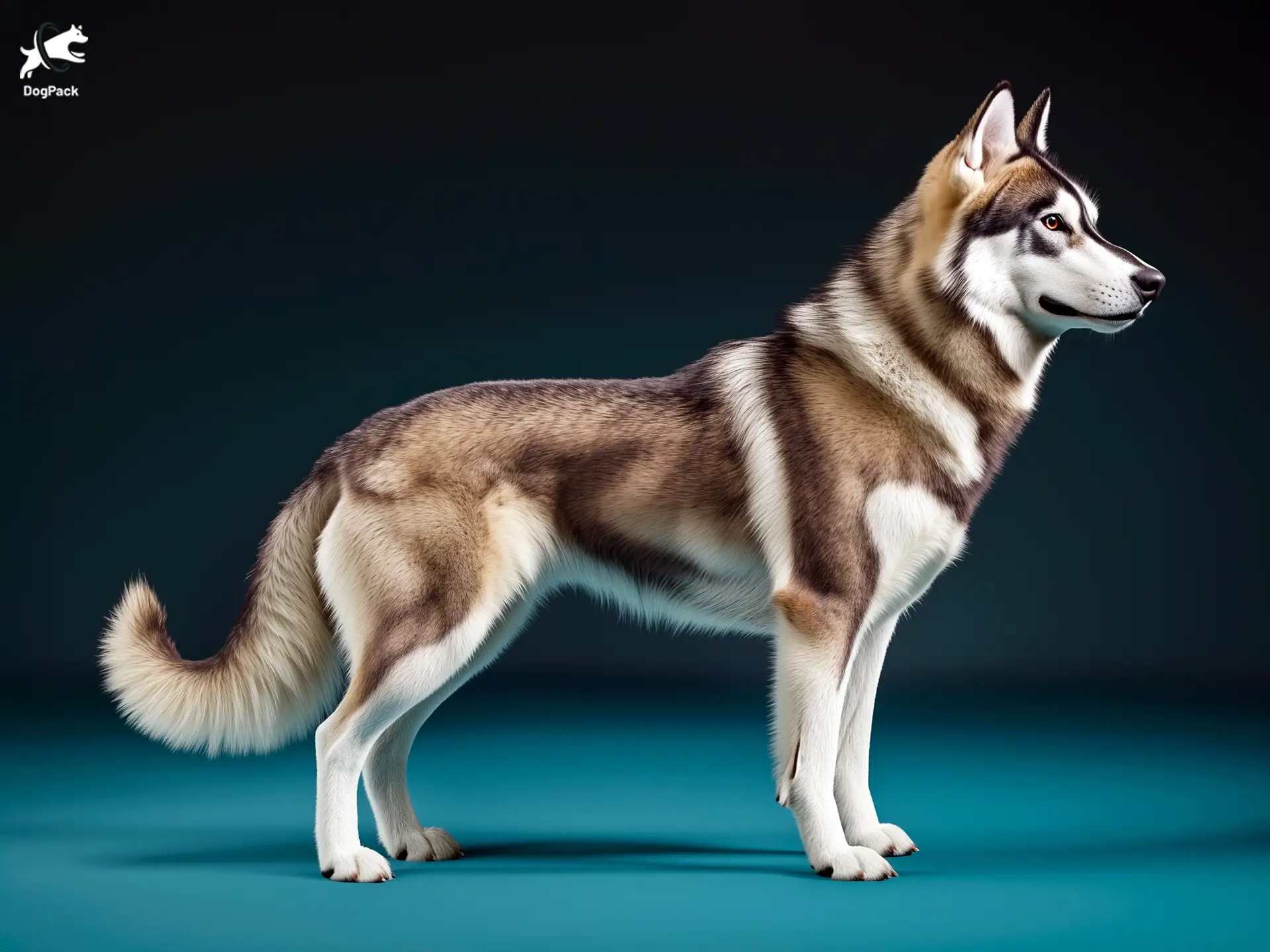 Mackenzie River husky Dog breed full body view standing against green background