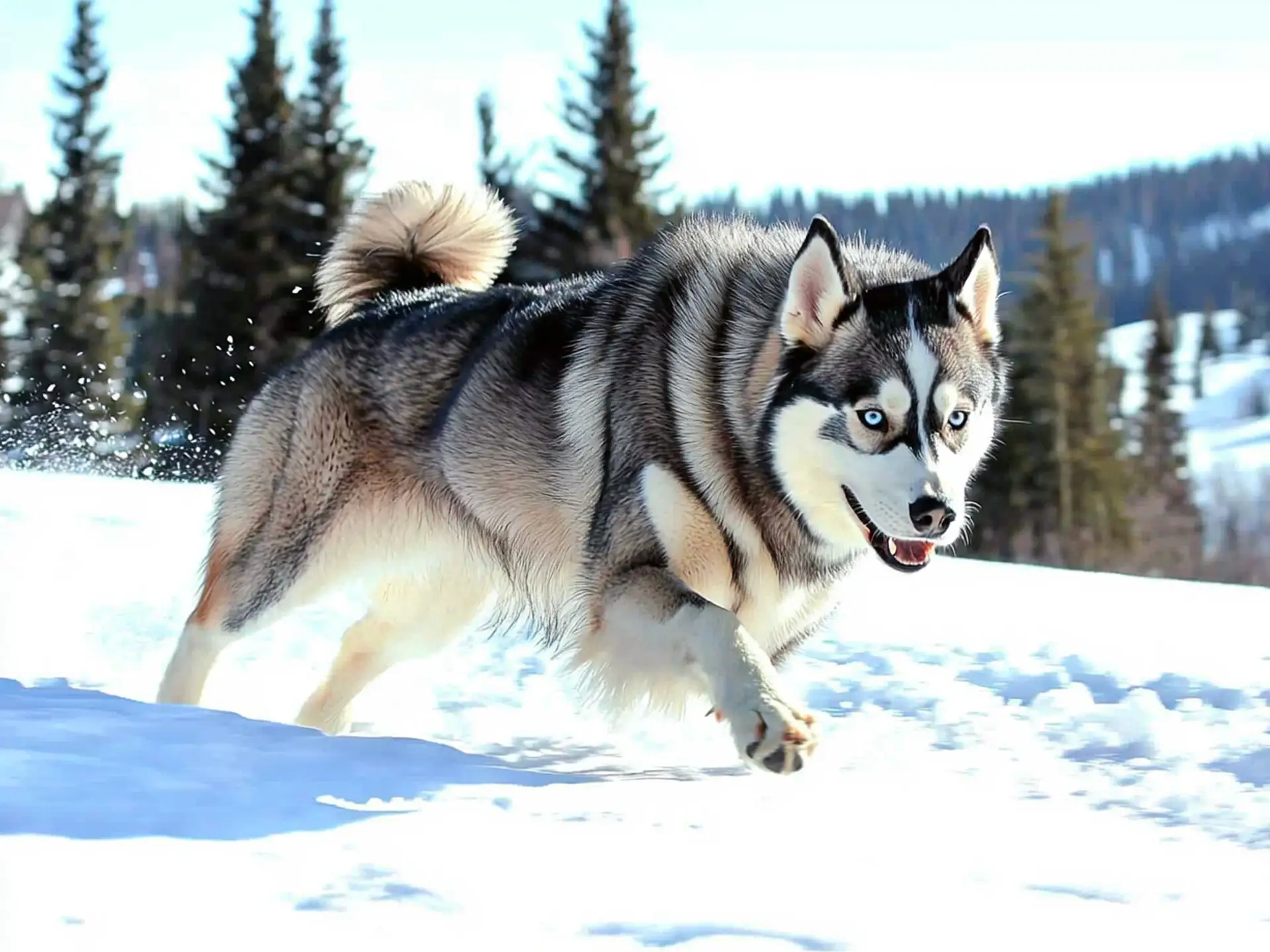 Mackenzie River Husky running through the snow with a determined expression.