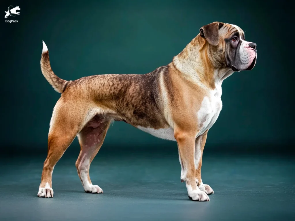 Majorcan Mastiff (Ca de Bou) breed full body view standing against green background