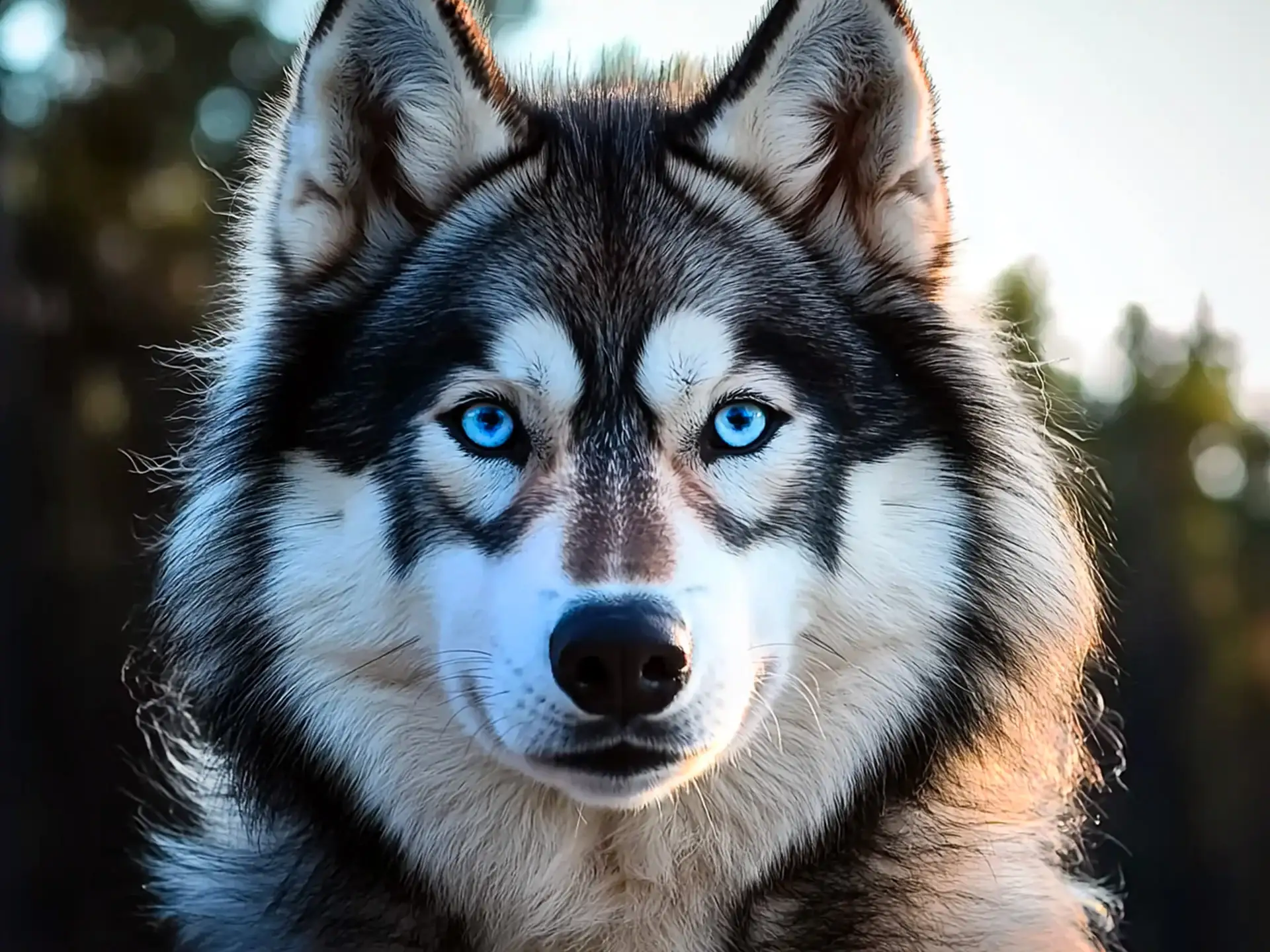 Close-up of a Malamute Husky (Alusky) with striking blue eyes, fluffy fur, and a piercing gaze