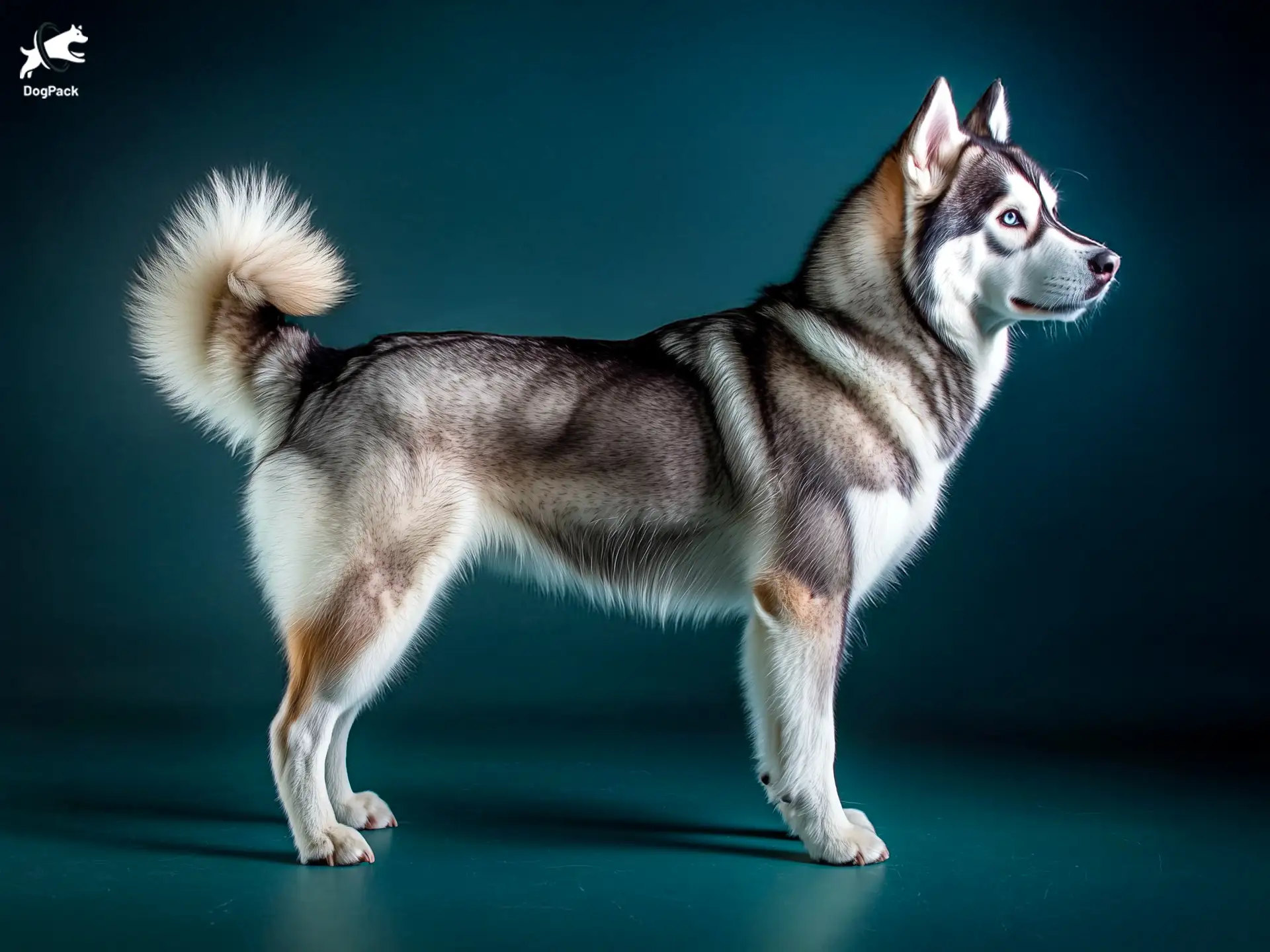 Malamute Husky (Alusky) Dog breed full body view standing against green background