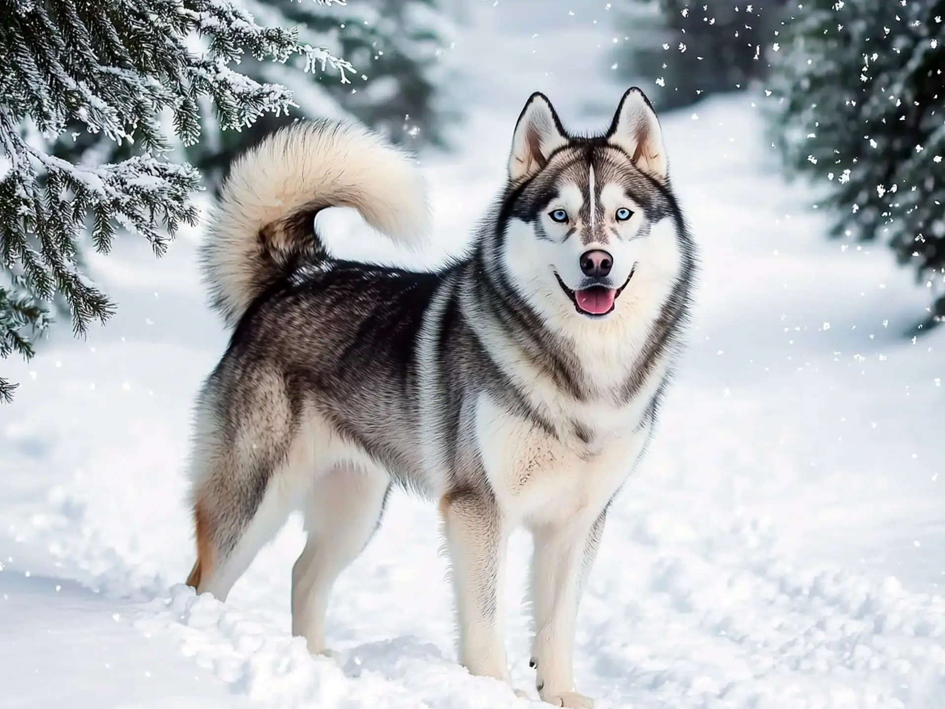 Malamute Husky (Alusky) standing in the snow with thick fur and blue eyes, surrounded by winter scenery