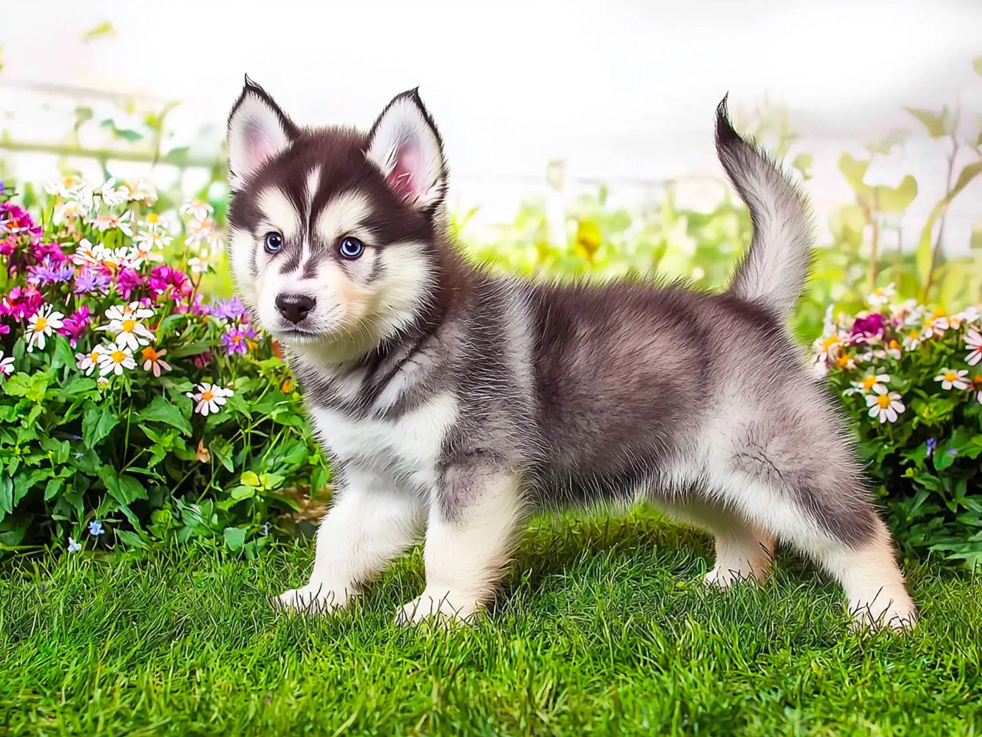 Adorable Malamute Husky (Alusky) puppy with blue eyes standing on green grass with flowers in the background