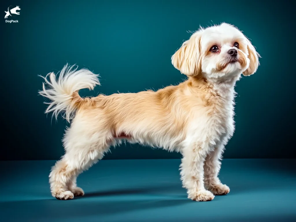 Maltese Bichon (Maltichon) Dog breed full body view standing against green background