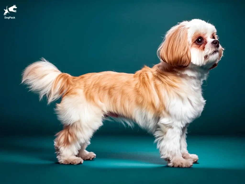 Maltese Shih Tzu (Malshi) Dog breed full body view standing against green background