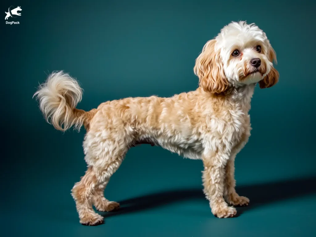 Maltipoo Dog breed full body view standing against green background