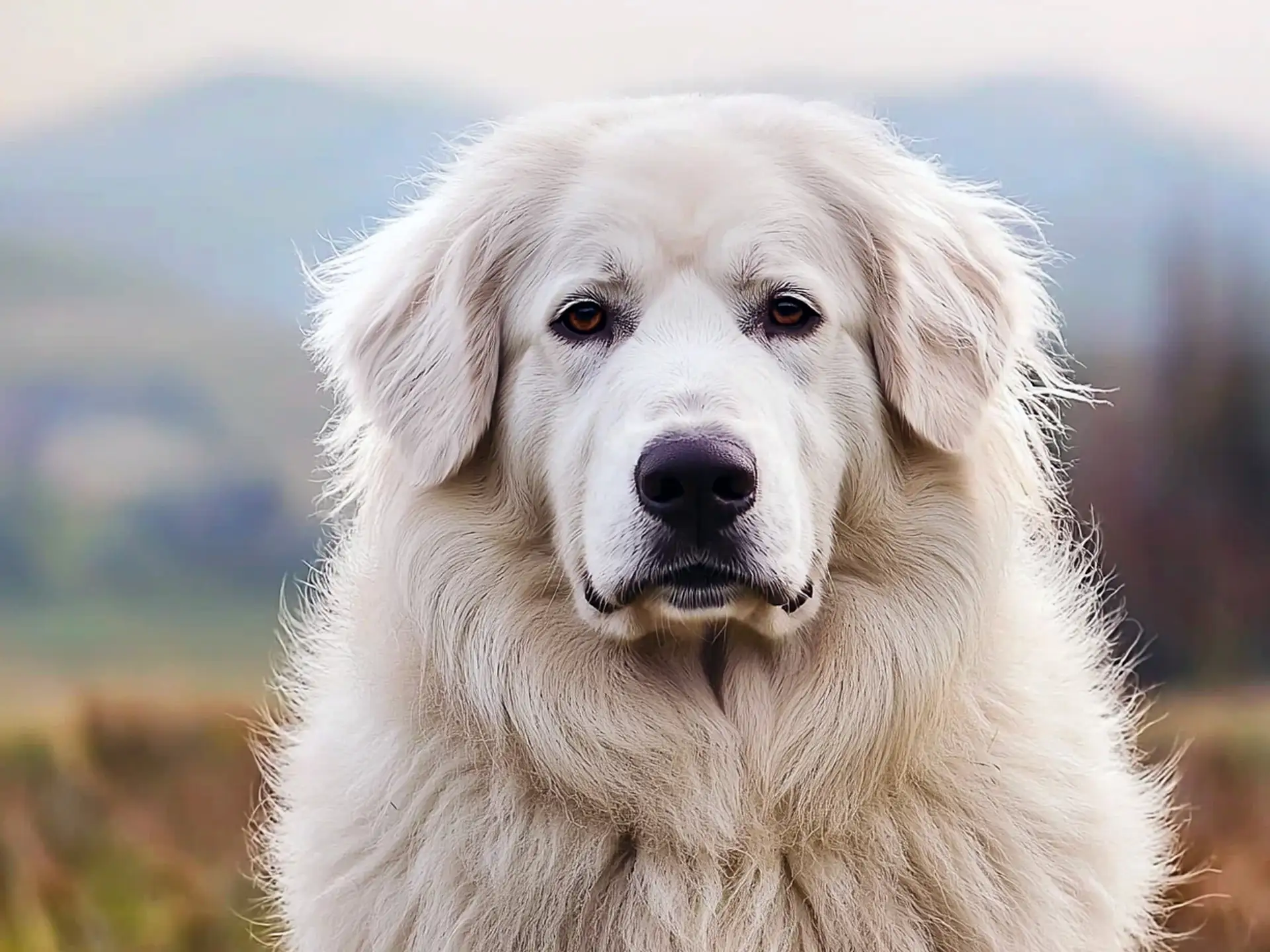 Close-up portrait of a Maremma Sheepdog with a majestic white coat, looking over the scenic hills of Italy