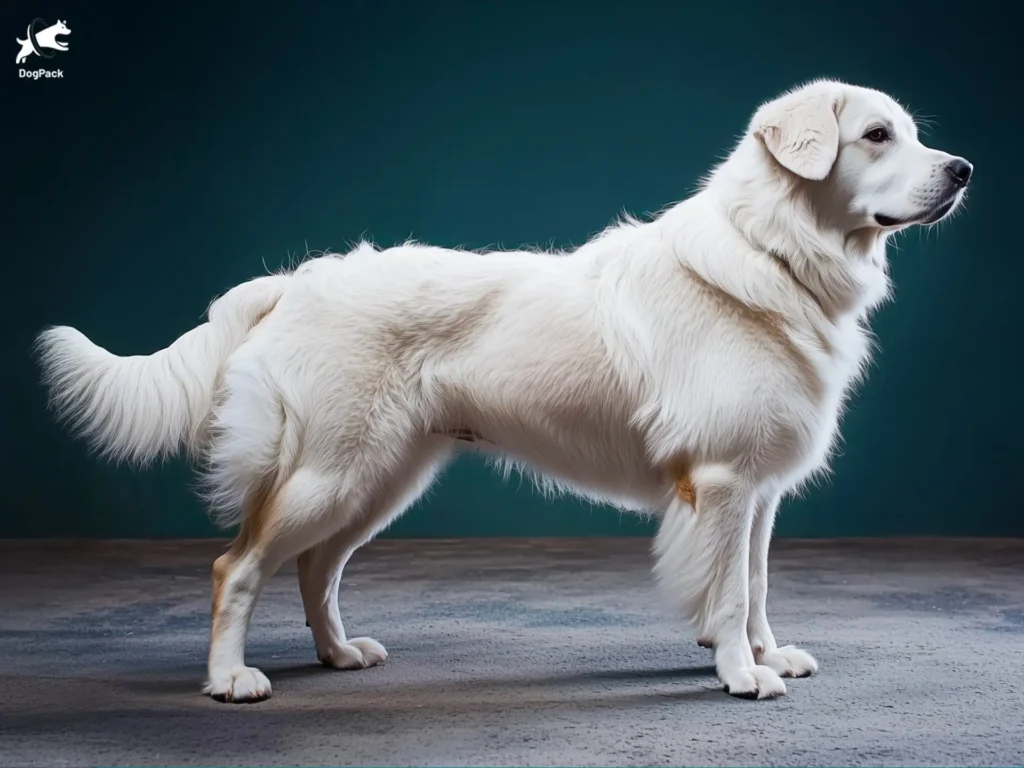 Maremma Sheepdog Dog breed full body view standing against green background