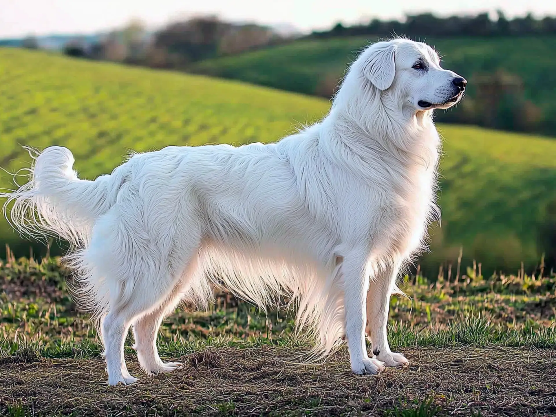 Maremma Sheepdog standing in the rolling Italian countryside, showcasing its thick white coat and strong guardian posture.