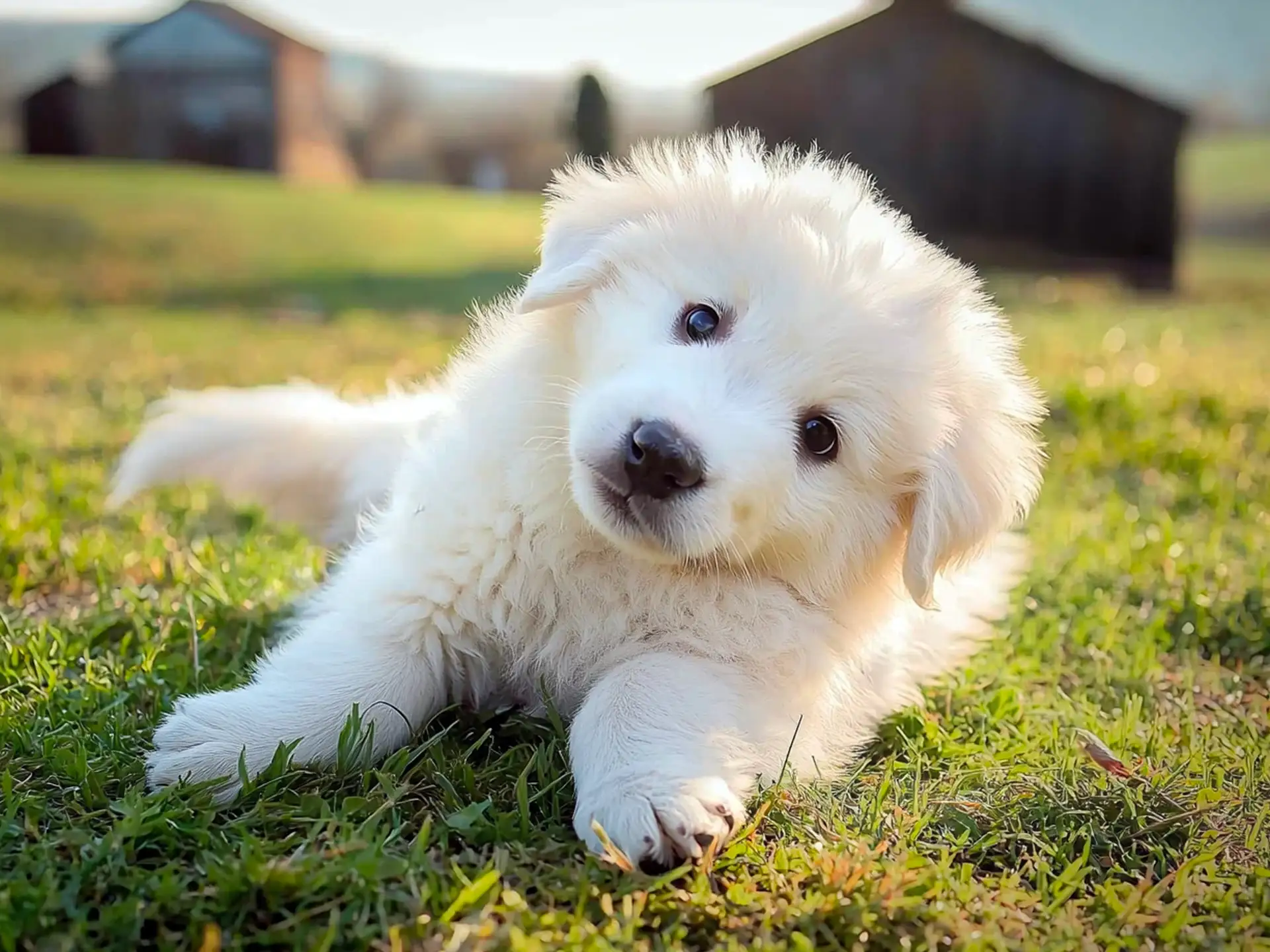 Fluffy Maremma Sheepdog puppy lying on the grass with a curious head tilt, enjoying a peaceful rural setting