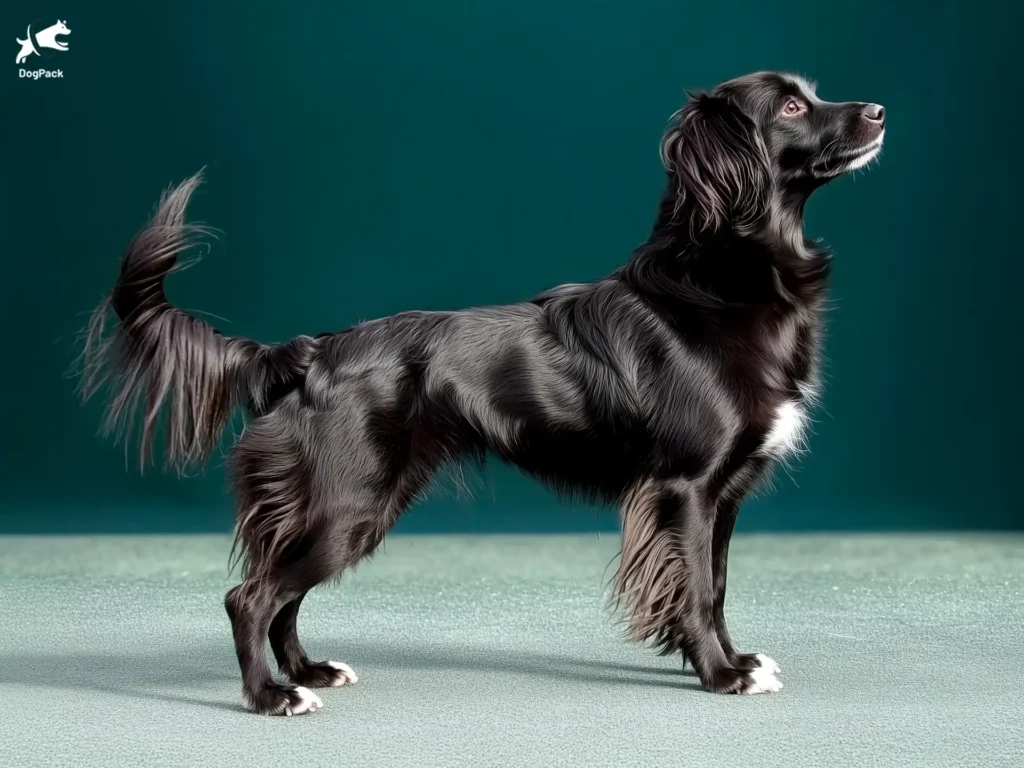 Markiesje (Dutch Tulip Hound) Dog Breed full body view standing against green background