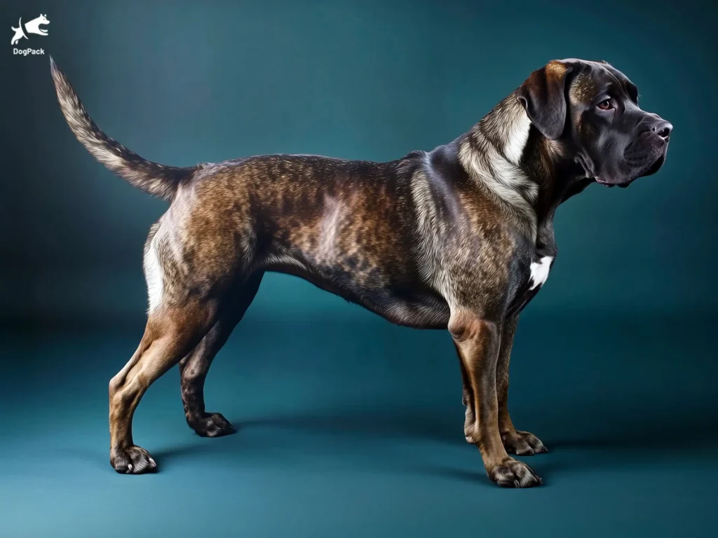 Mastador Dog Breed full body view standing against green background