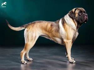 Mastiff Dog Breed full body view standing against green background