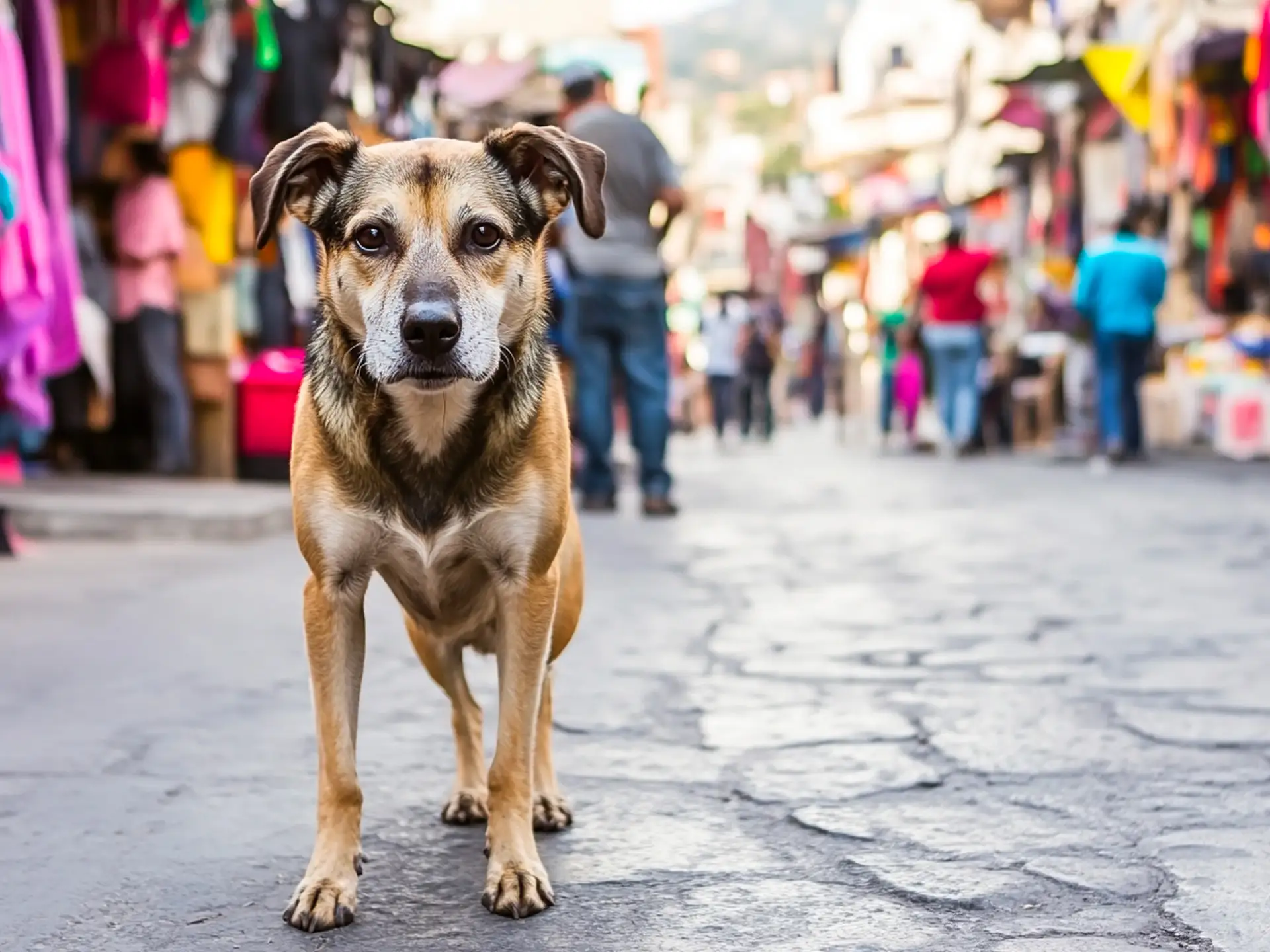 A mixed-breed street dog standing on a colorful Mexican street, representing the resilience and diversity of unrecognized dogs in Mexico