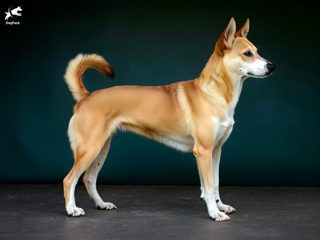 Middle Eastern Village Dog Breed full body view standing against green background