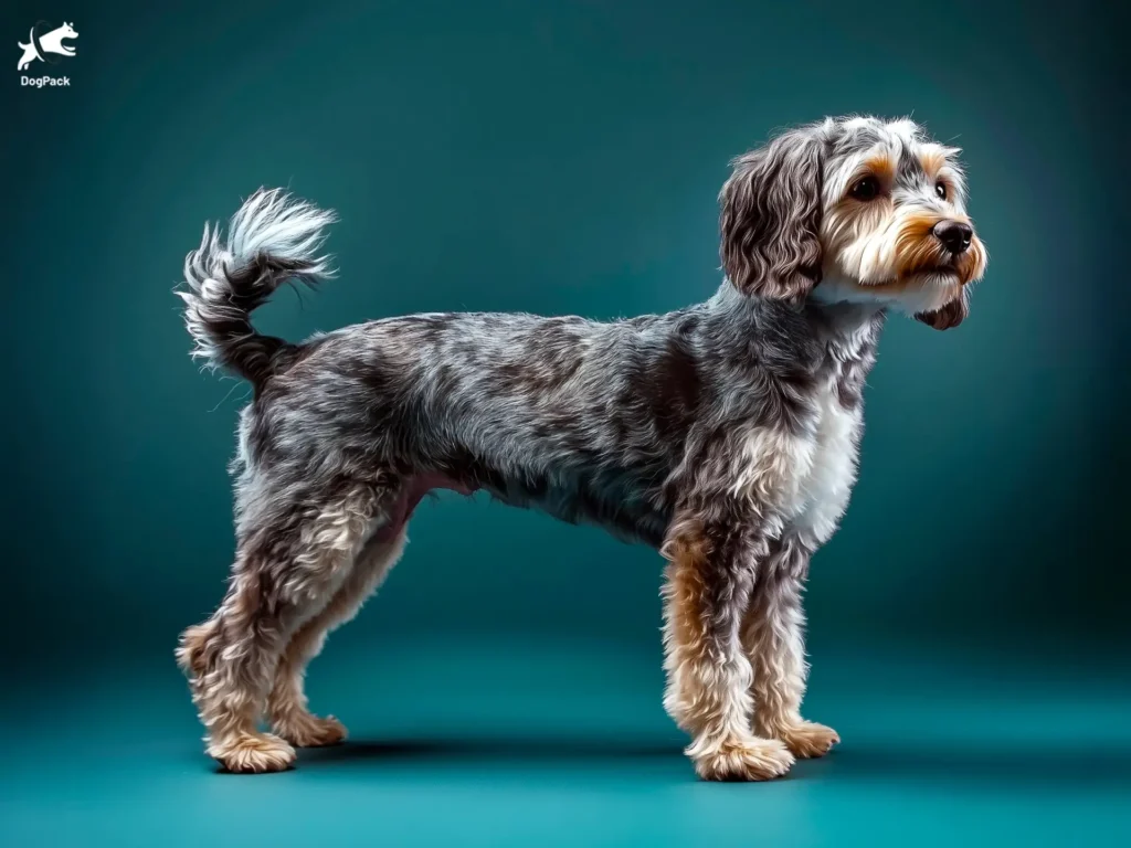 Mini Aussiedoodle Dog Breed full body view standing against green background