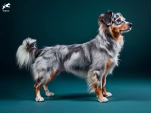 Miniature American Shepherd (MAS) Dog Breed full body view standing against green background