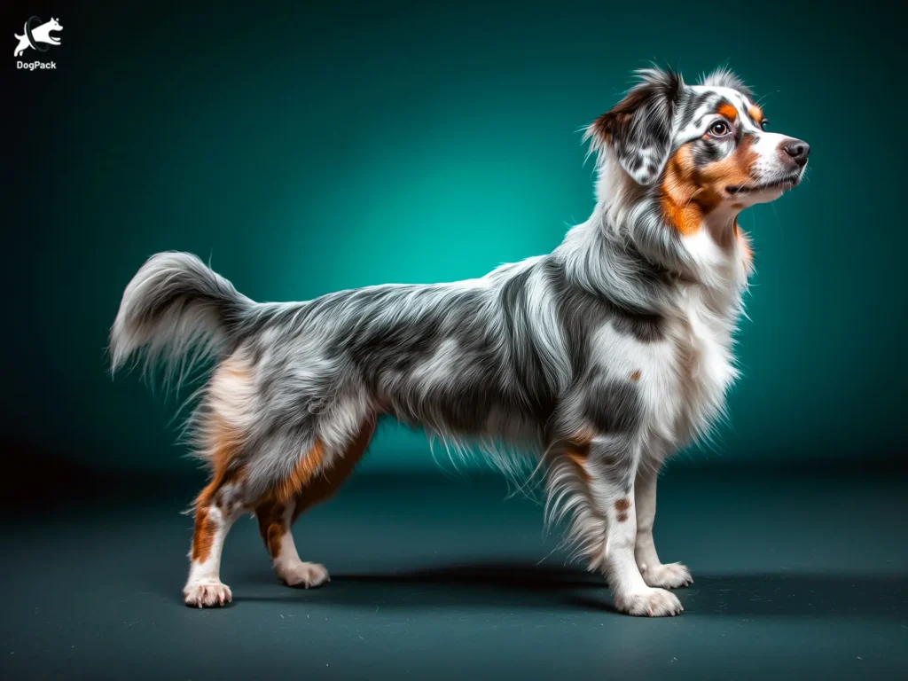 Mini Australian Shepherd (Mini Aussie) Dog Breed full body view standing against green background